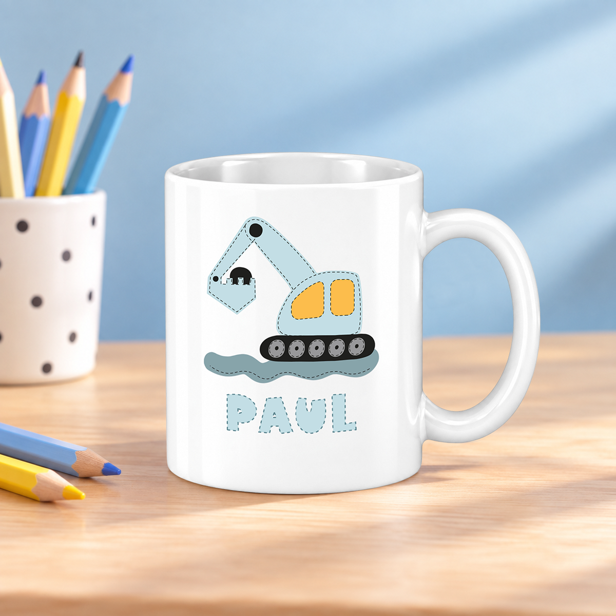 Keramik Tasse mit Namen | Bagger blau