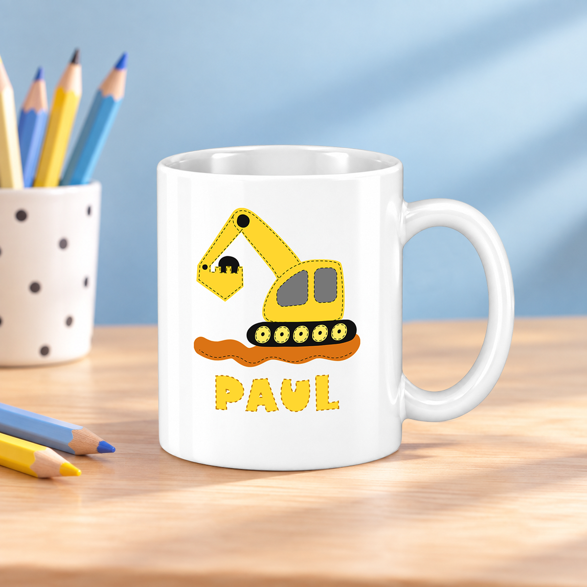 Keramik Tasse mit Namen | Bagger gelb