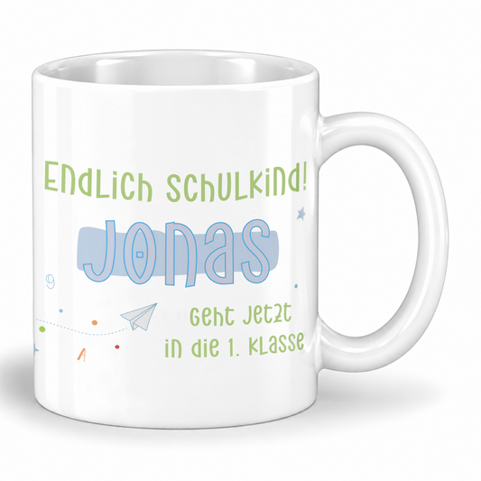 Keramik Tasse mit Namen | Endlich Schulkind Blau