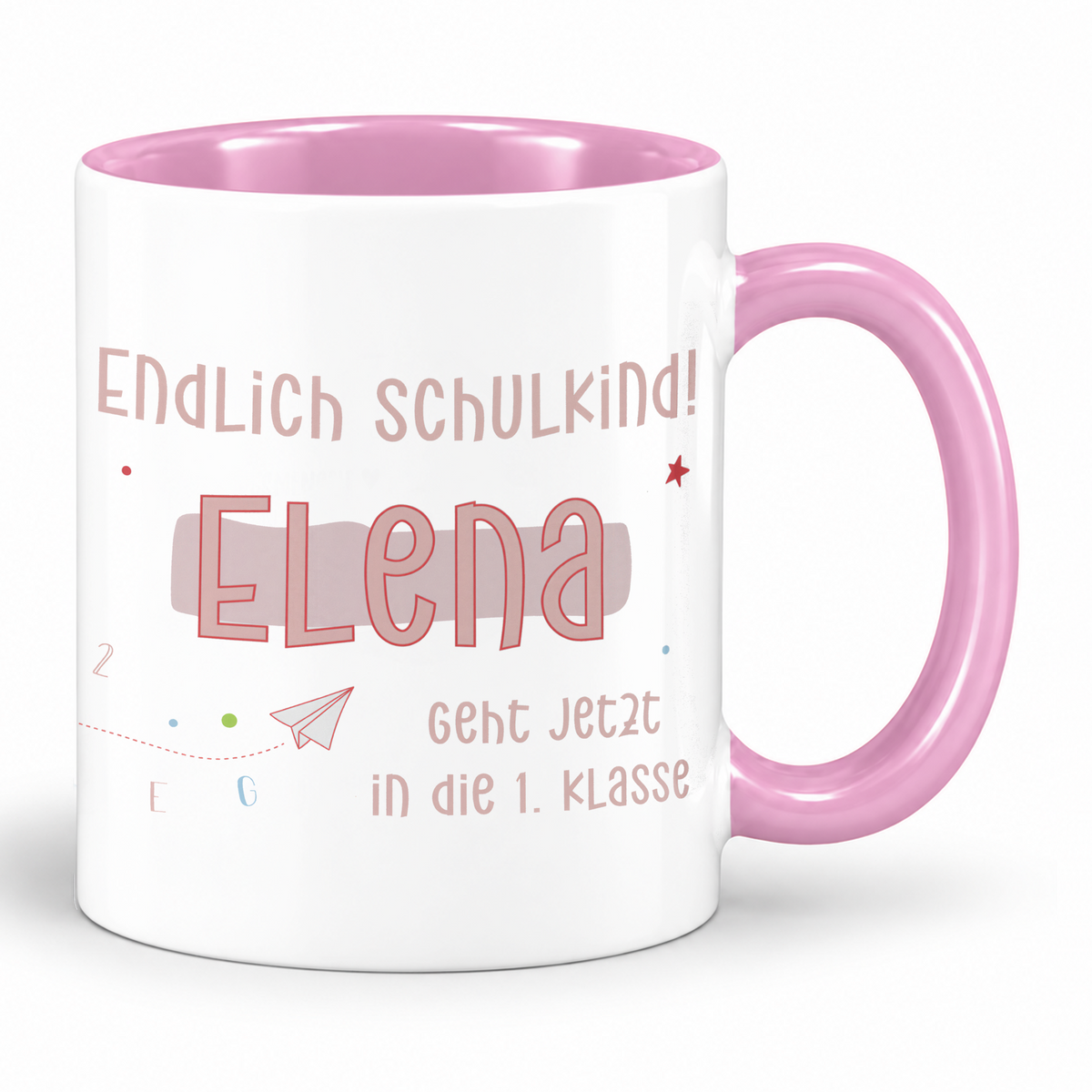 Keramik Tasse mit Namen | Endlich Schulkind Rosa