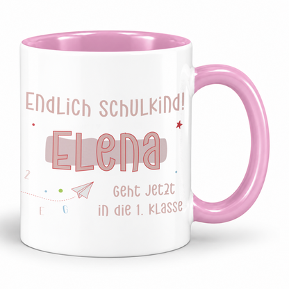 Keramik Tasse mit Namen | Endlich Schulkind Rosa