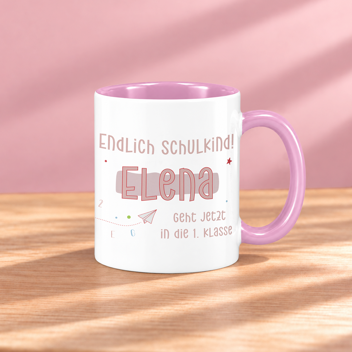 Keramik Tasse mit Namen | Endlich Schulkind Rosa