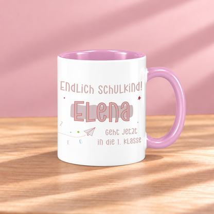 Keramik Tasse mit Namen | Endlich Schulkind Rosa