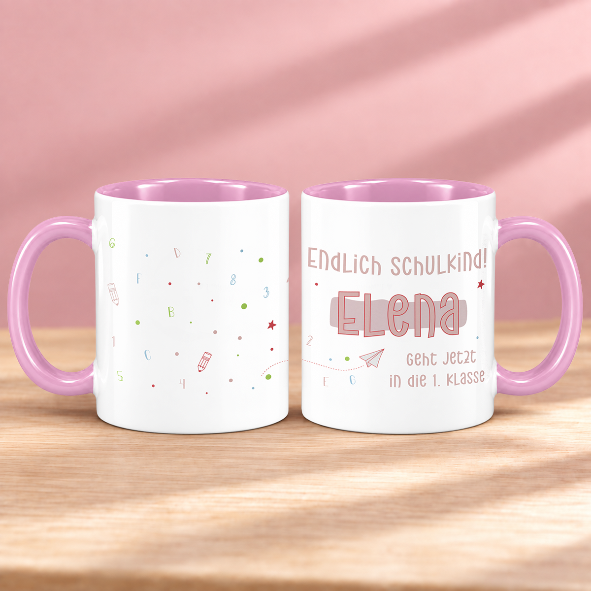 Keramik Tasse mit Namen | Endlich Schulkind Rosa