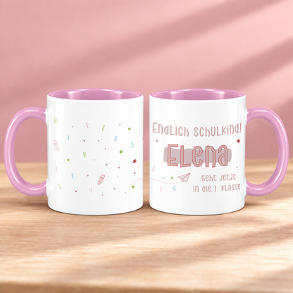 Keramik Tasse mit Namen | Endlich Schulkind Rosa