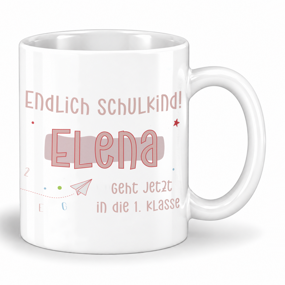 Keramik Tasse mit Namen | Endlich Schulkind Rosa