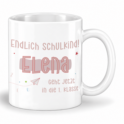 Keramik Tasse mit Namen | Endlich Schulkind Rosa