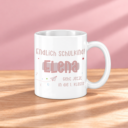 Keramik Tasse mit Namen | Endlich Schulkind Rosa