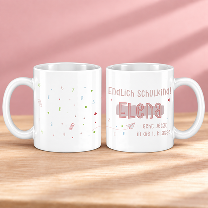 Keramik Tasse mit Namen | Endlich Schulkind Rosa