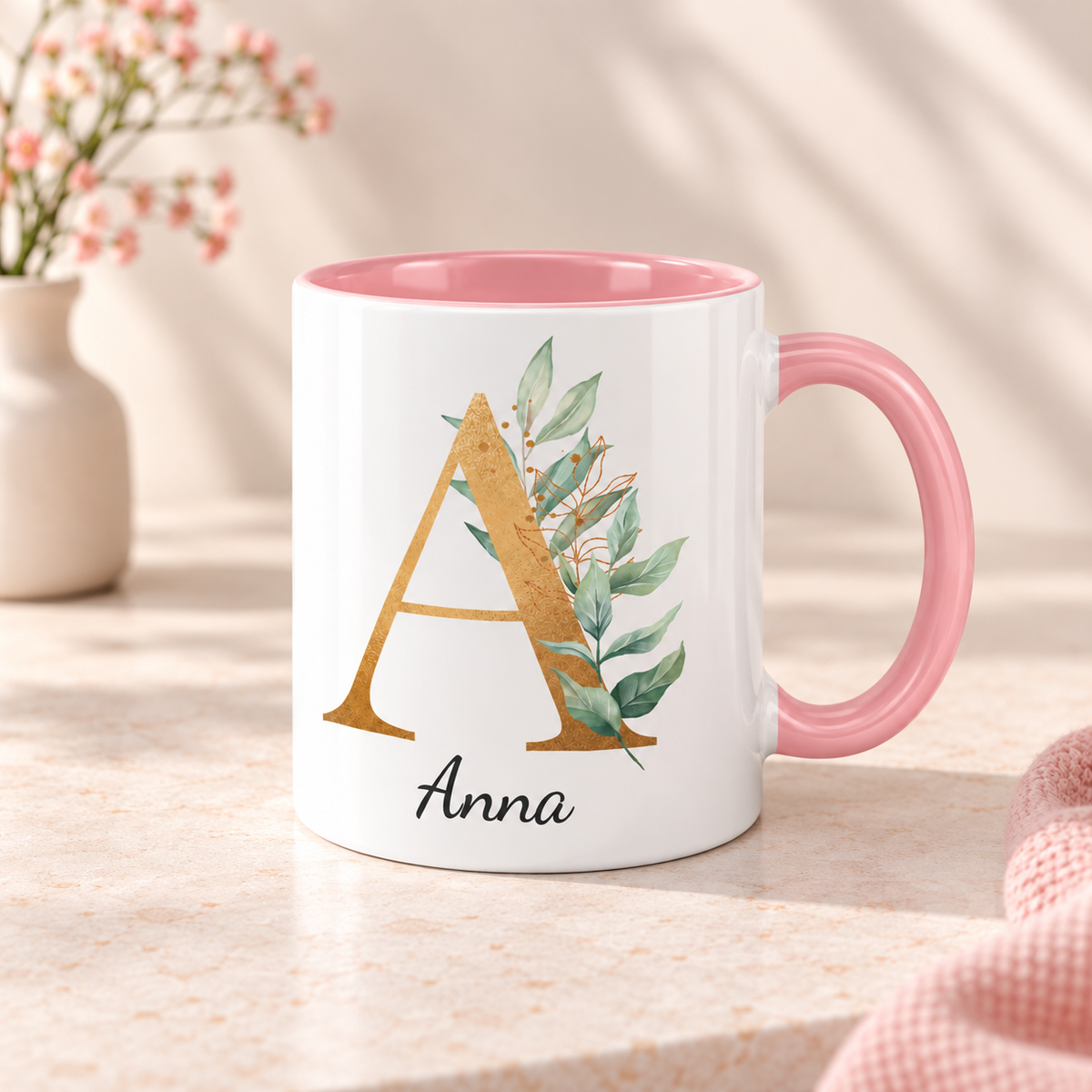 Keramik Tasse mit Namen | Buchstabe Eukalyptus