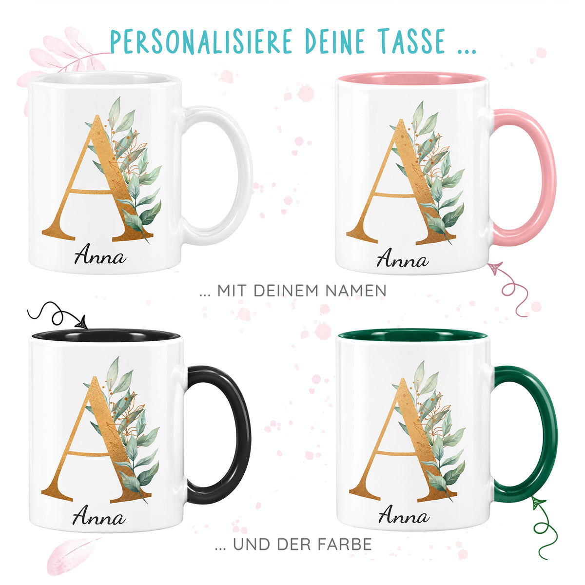 Keramik Tasse mit Namen | Buchstabe Eukalyptus