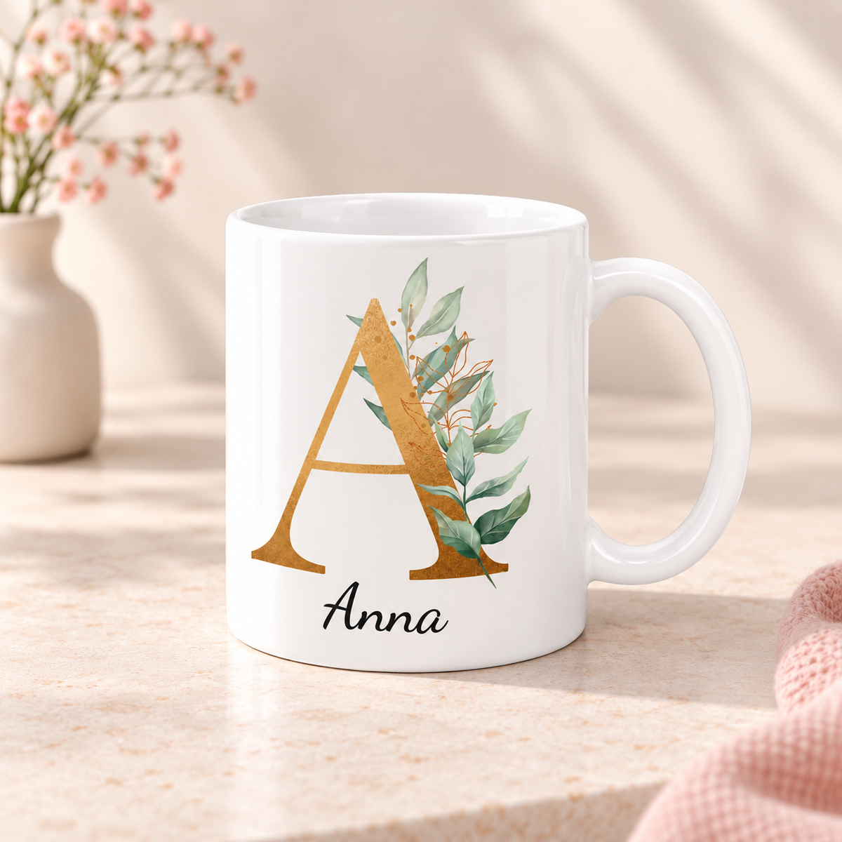 Keramik Tasse mit Namen | Buchstabe Eukalyptus