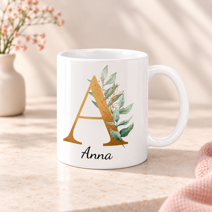 Keramik Tasse mit Namen | Buchstabe Eukalyptus