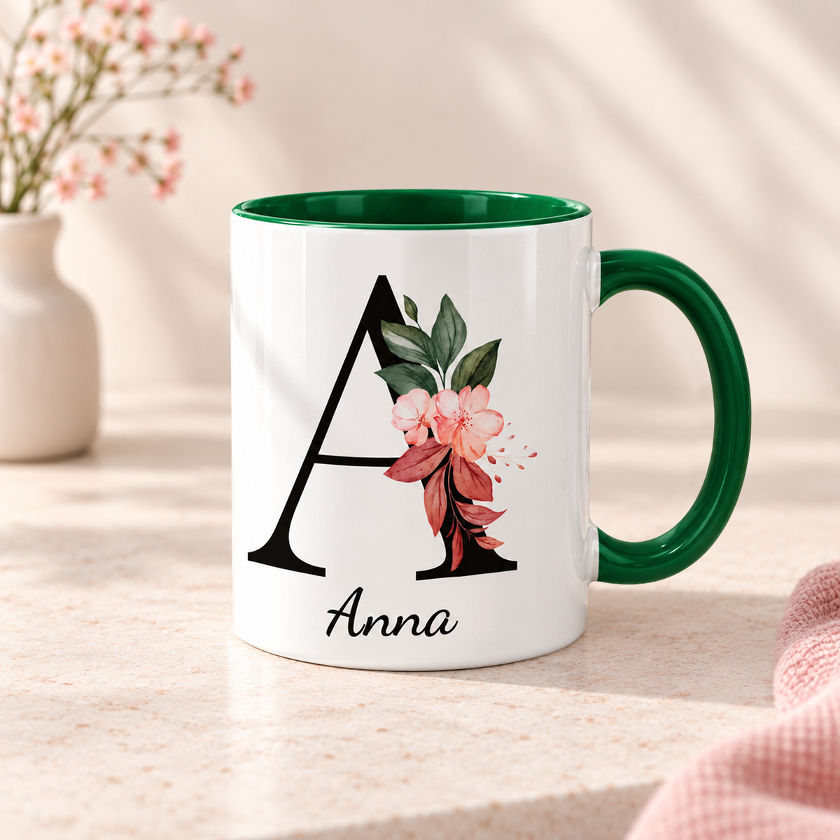 Keramik Tasse mit Namen | Buchstabe Kirschblüte