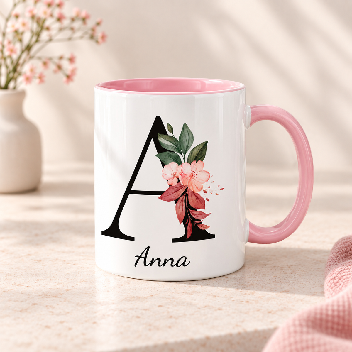 Keramik Tasse mit Namen | Buchstabe Kirschblüte