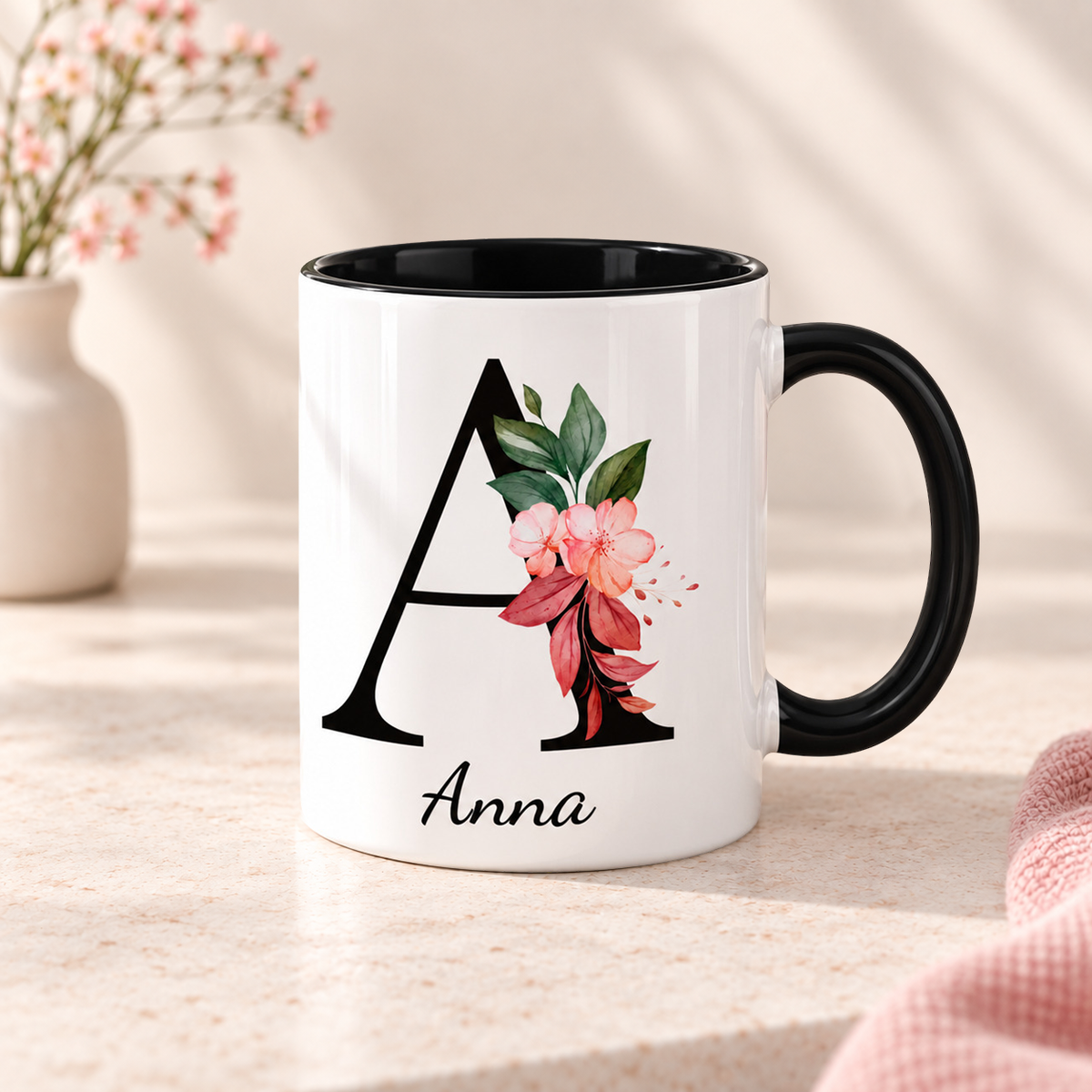 Keramik Tasse mit Namen | Buchstabe Kirschblüte