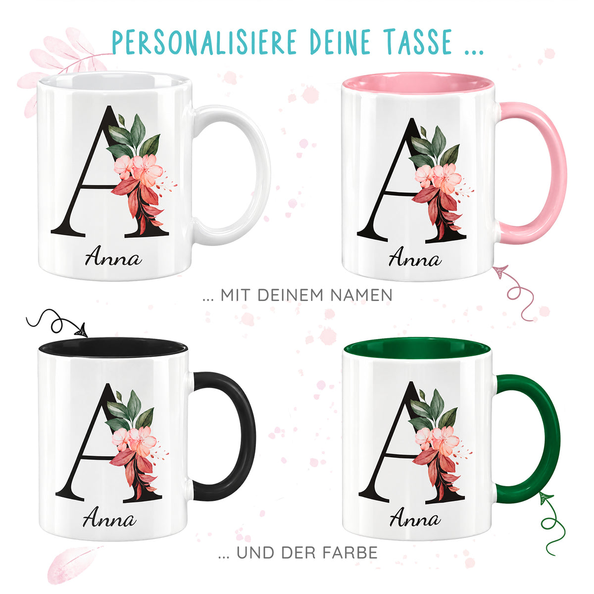Keramik Tasse mit Namen | Buchstabe Kirschblüte