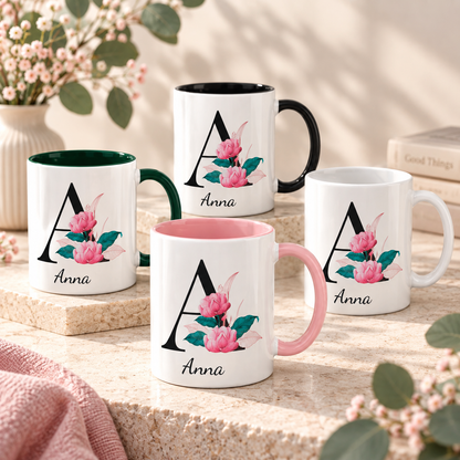 Keramik Tasse mit Namen | Buchstabe Pfingstrose