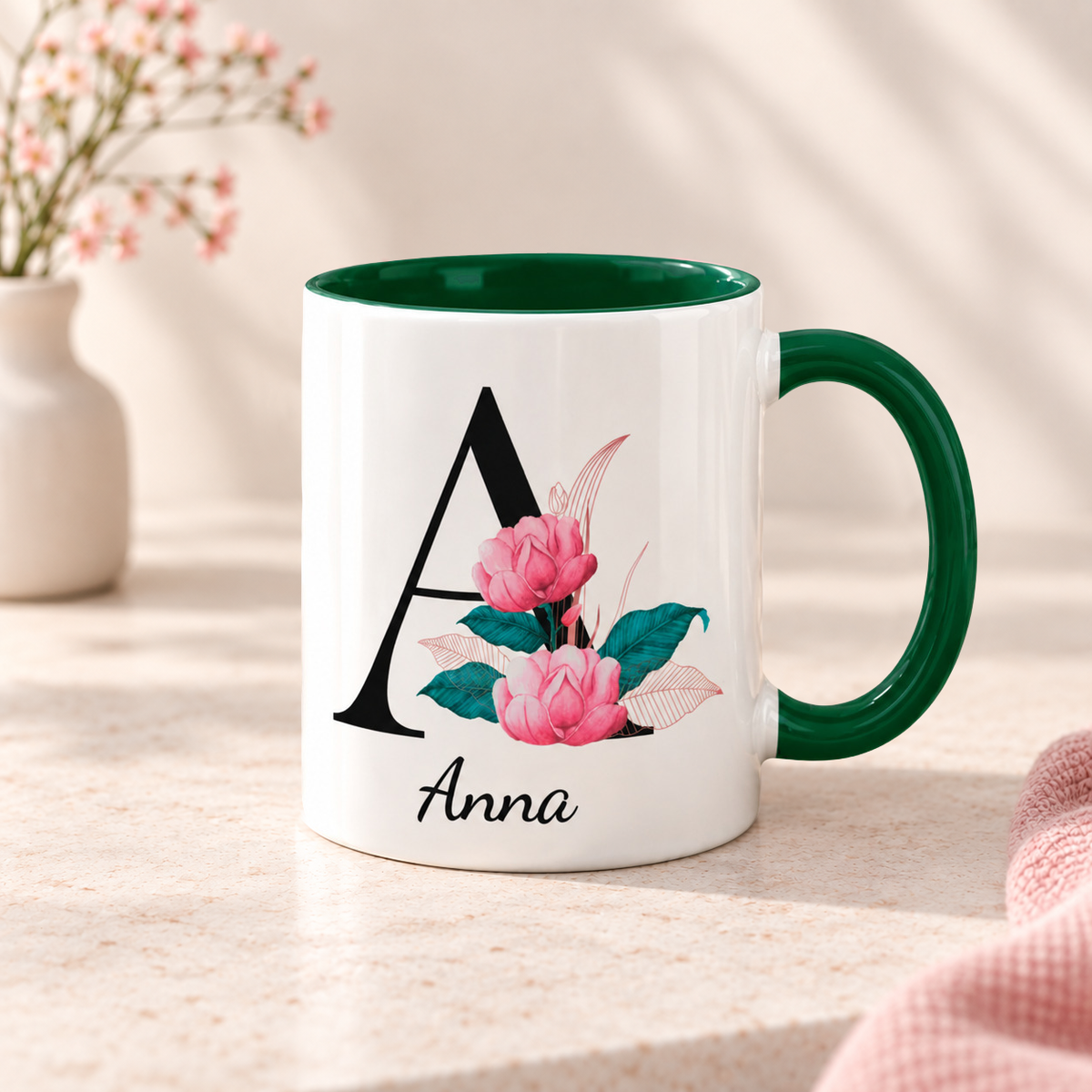 Keramik Tasse mit Namen | Buchstabe Pfingstrose
