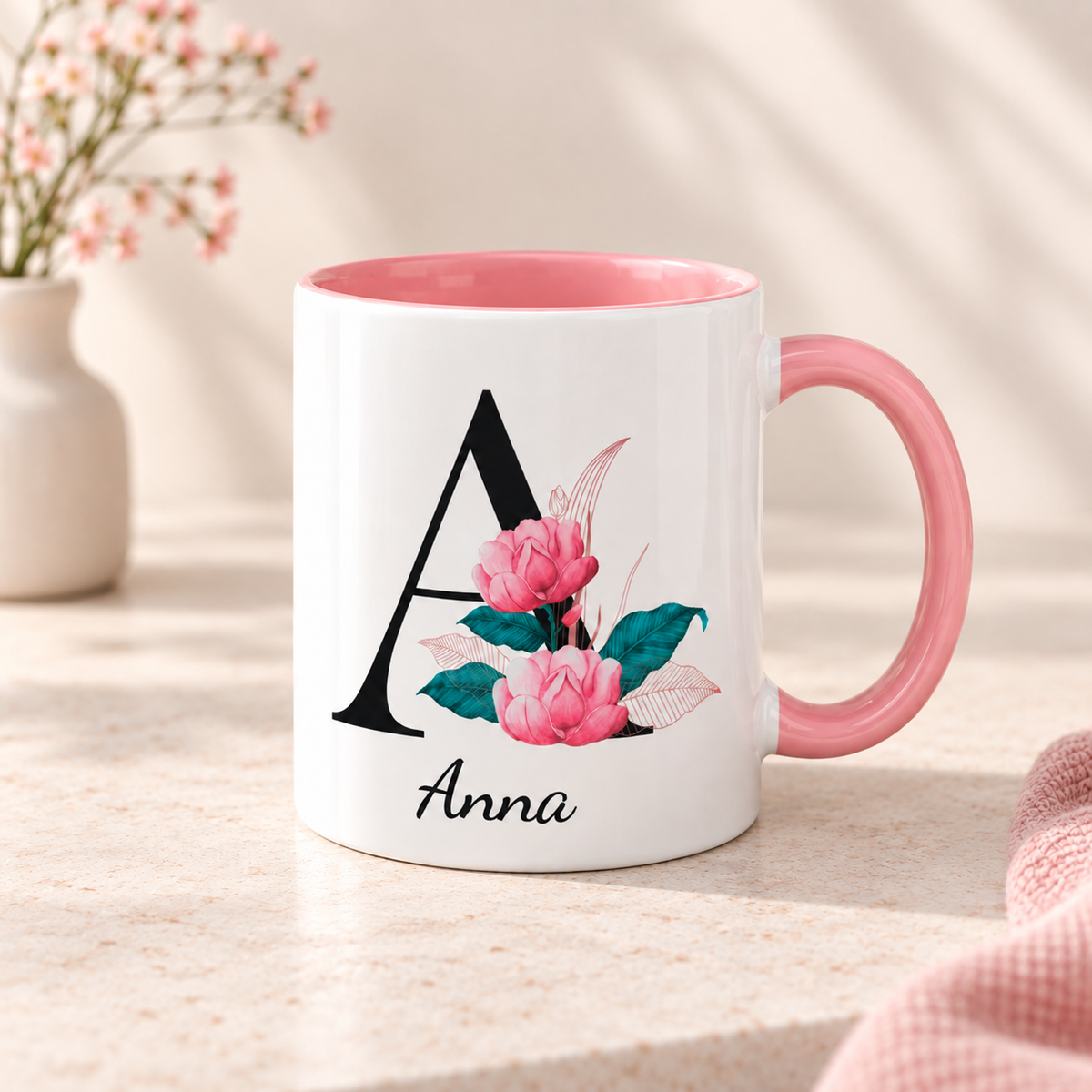 Keramik Tasse mit Namen | Buchstabe Pfingstrose