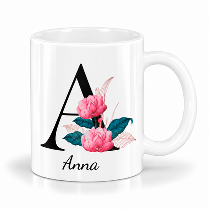 Keramik Tasse mit Namen | Buchstabe Pfingstrose