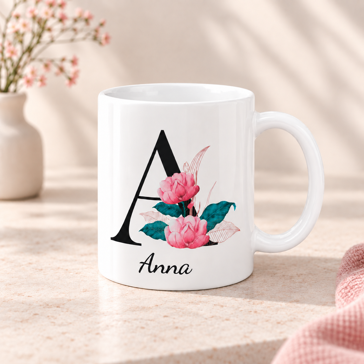 Keramik Tasse mit Namen | Buchstabe Pfingstrose