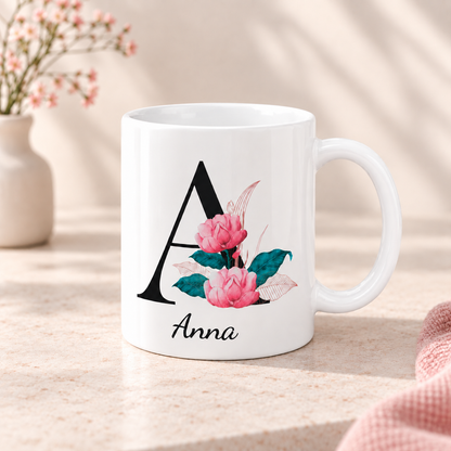 Keramik Tasse mit Namen | Buchstabe Pfingstrose