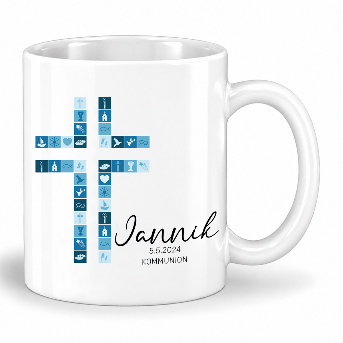Keramik Tasse mit Namen, Datum + Anlass | Kreuz Blau