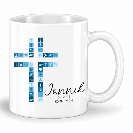 Keramik Tasse mit Namen, Datum + Anlass | Kreuz Blau