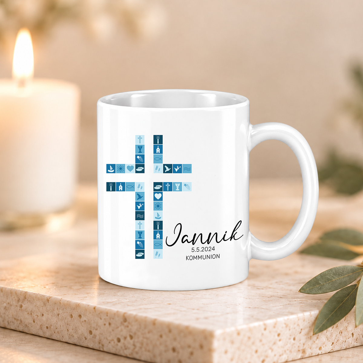 Keramik Tasse mit Namen, Datum + Anlass | Kreuz Blau