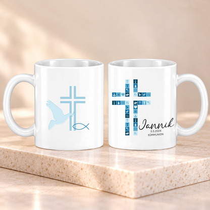 Keramik Tasse mit Namen, Datum + Anlass | Kreuz Blau