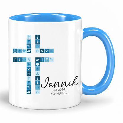 Keramik Tasse mit Namen, Datum + Anlass | Kreuz Blau