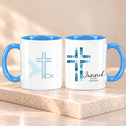Keramik Tasse mit Namen, Datum + Anlass | Kreuz Blau