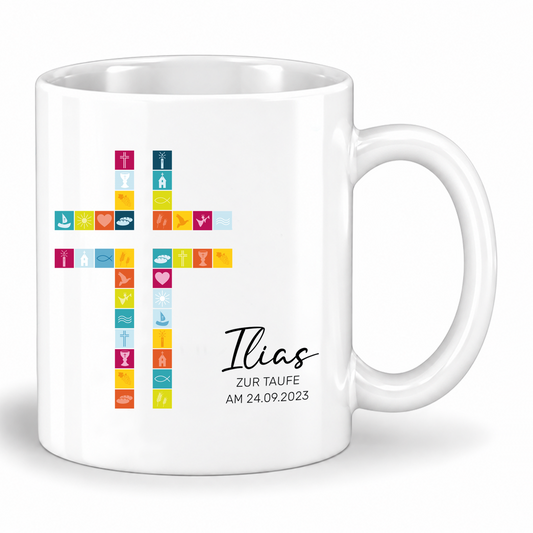 Keramik Tasse mit Namen, Datum + Anlass | Kreuz Bunt