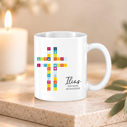 Keramik Tasse mit Namen, Datum + Anlass | Kreuz Bunt
