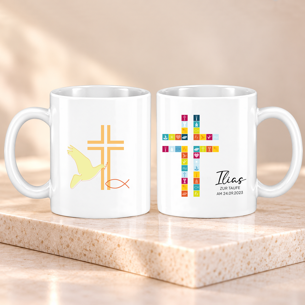 Keramik Tasse mit Namen, Datum + Anlass | Kreuz Bunt