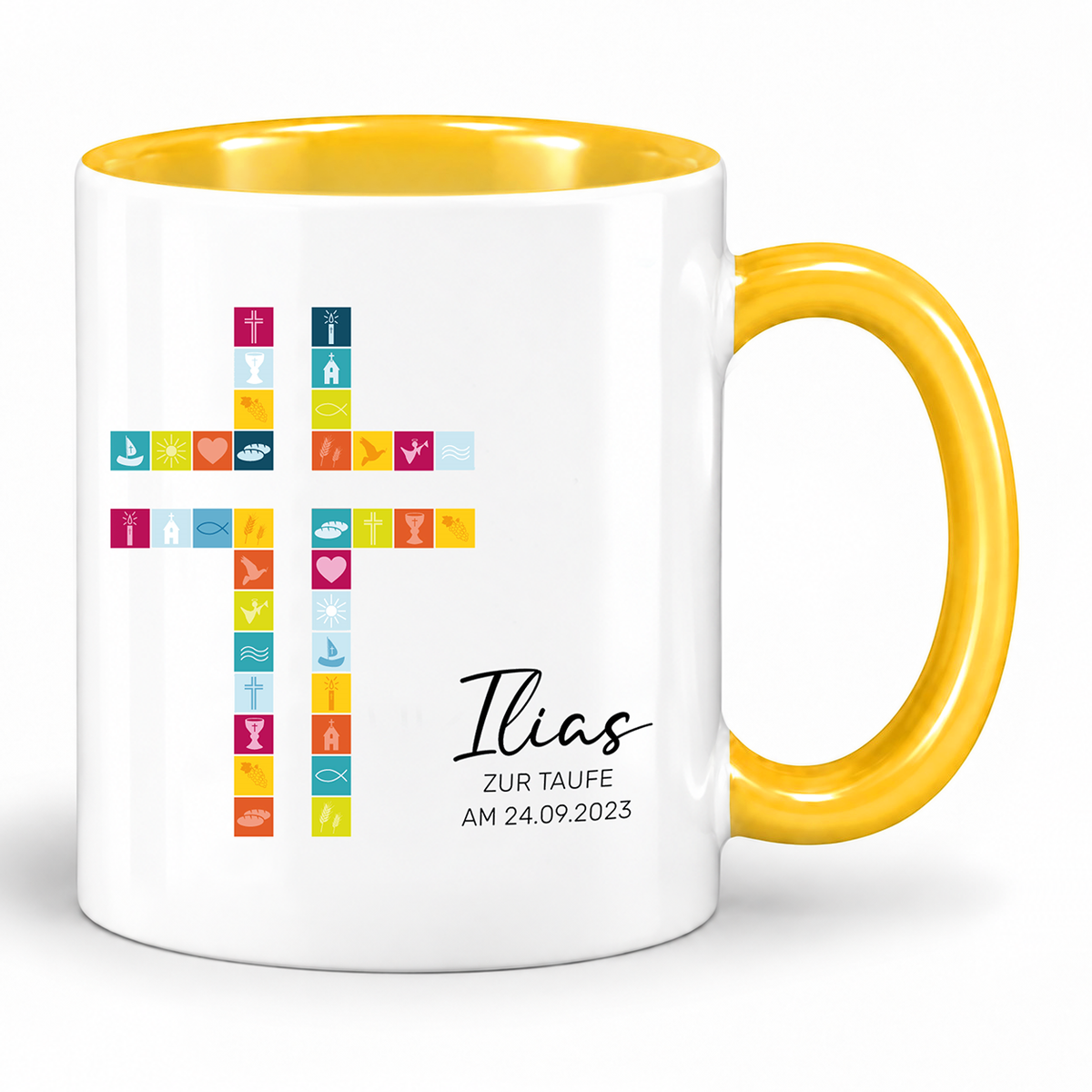 Keramik Tasse mit Namen, Datum + Anlass | Kreuz Bunt