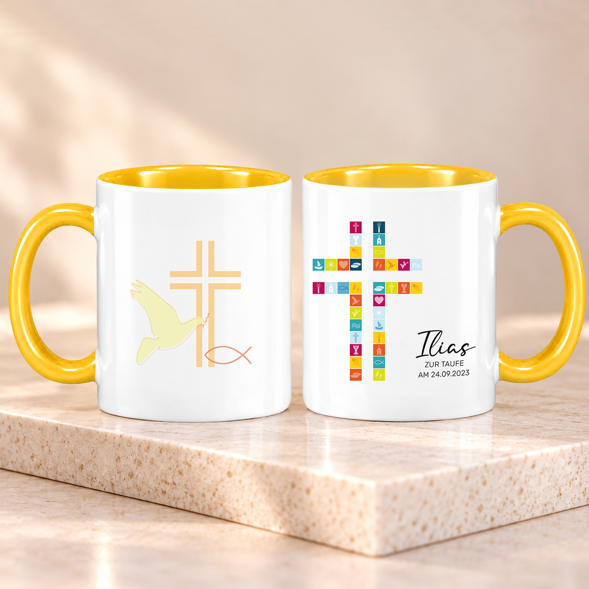 Keramik Tasse mit Namen, Datum + Anlass | Kreuz Bunt