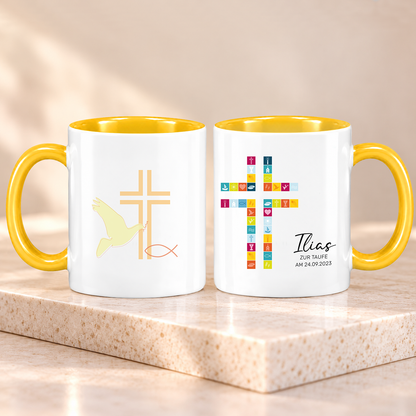 Keramik Tasse mit Namen, Datum + Anlass | Kreuz Bunt