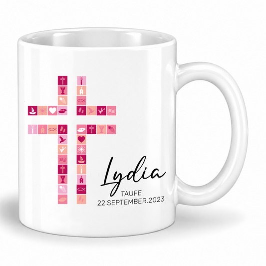Keramik Tasse mit Namen, Datum + Anlass | Kreuz Rosa
