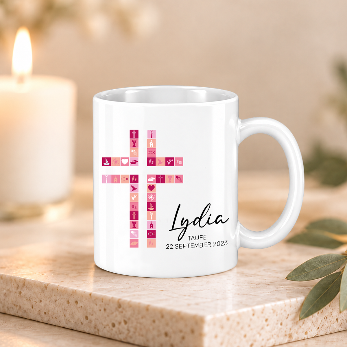 Keramik Tasse mit Namen, Datum + Anlass | Kreuz Rosa
