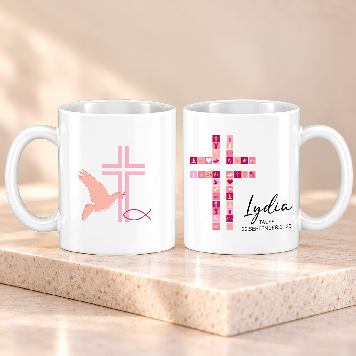 Keramik Tasse mit Namen, Datum + Anlass | Kreuz Rosa