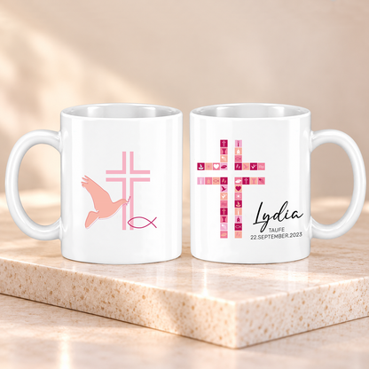 Keramik Tasse mit Namen, Datum + Anlass | Kreuz Rosa