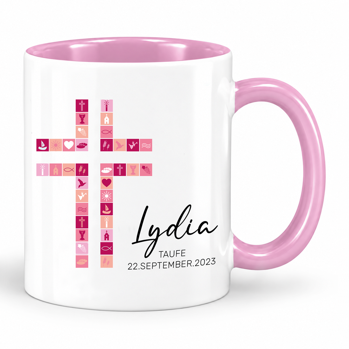 Keramik Tasse mit Namen, Datum + Anlass | Kreuz Rosa