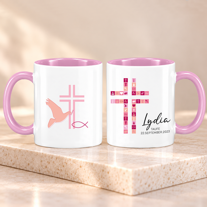 Keramik Tasse mit Namen, Datum + Anlass | Kreuz Rosa