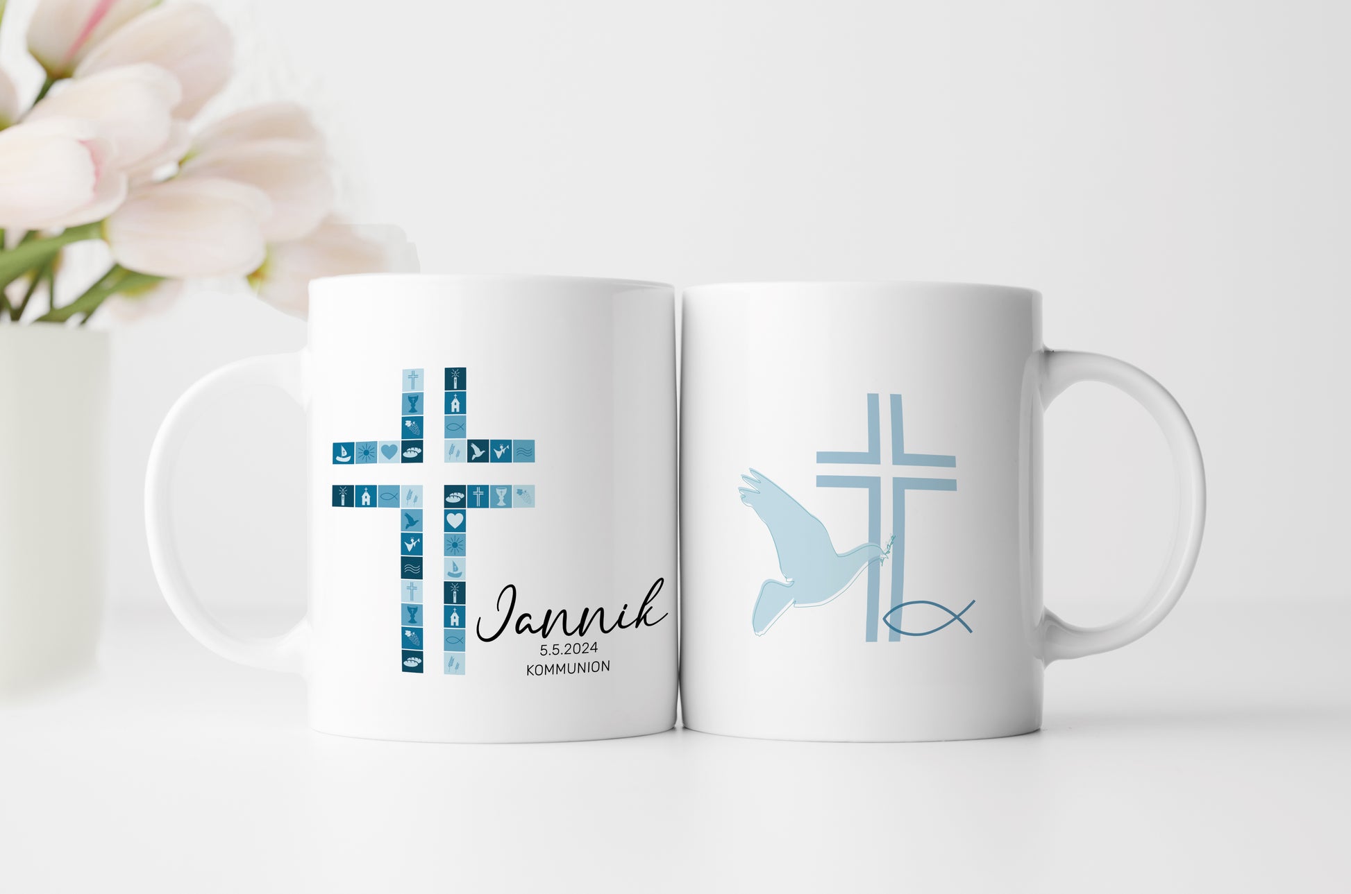 Keramik Tasse mit Namen, Datum + Anlass | Kreuz Blau - verschenkich.de