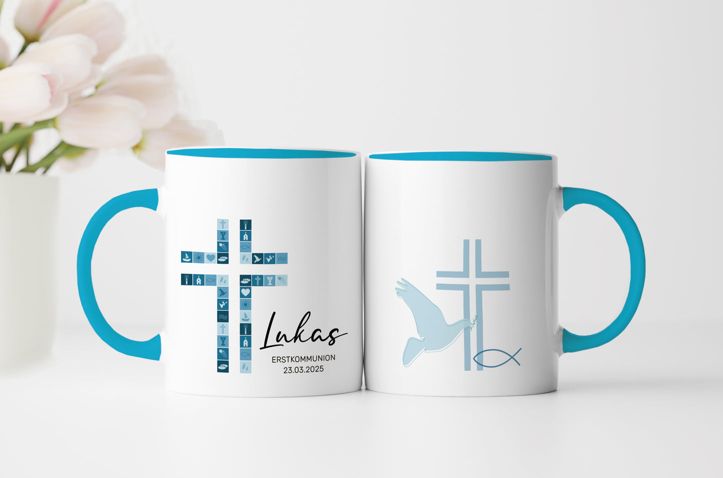 Keramik Tasse mit Namen, Datum + Anlass | Kreuz Blau - verschenkich.de