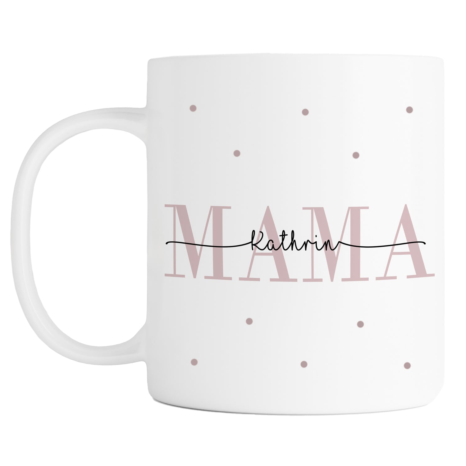 Weiße Tasse personalisiert mit Namen und Schriftzug 'Mama', rosa Punkte, auf weißem Hintergrund