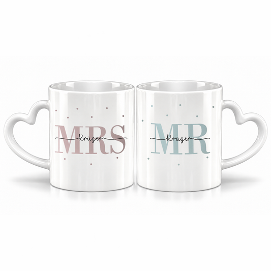 Keramik Herzhenkel Tassen-Set mit Namen + Datum | Mrs + Mr