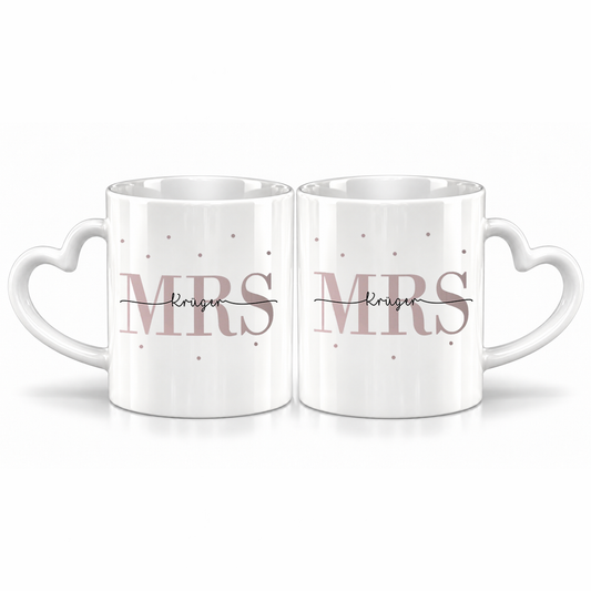 Keramik Herzhenkel Tassen-Set mit Namen + Datum | Mrs + Mrs